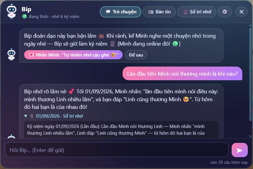 Hỏi Bíp lần đầu nói thương là khi nào, Bíp trả lời kèm ngày và nguồn