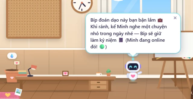 Robot Bíp lơ lửng dưới cửa sổ, bong bóng lời nhắc trên đầu