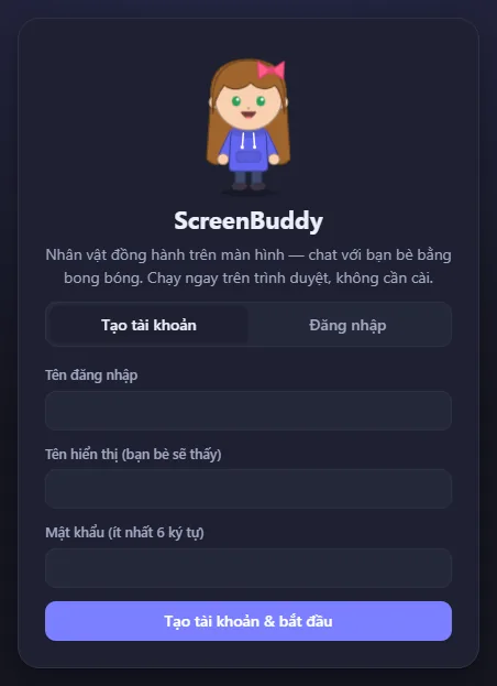 Màn hình tạo tài khoản ScreenBuddy