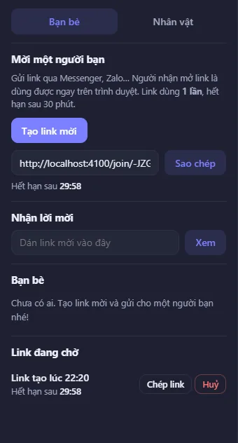 Nút tạo link mời và ô sao chép link